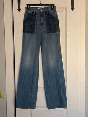 MOTHER Two-Tone Wide-Leg Jeans with Front Patch Pockets - Blue